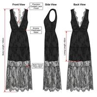 Robe longue trapèze vintage en mousseline de soie noire transparente pour femme, chic, avec col en V profond et bordure en cils, jupe à volants, pour l'hiver 2026
