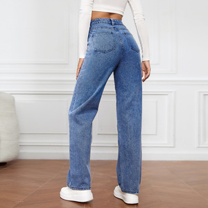 <span class=keywords><strong>Jean</strong></span> Femme Délavage Moyen Respirant Séchage Rapide Taille Haute Ample Jambe Droite Style Décontracté Décoration Boutons Uni - Product Image 2