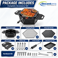 Barbecue portable hexagonal au charbon de bois noir mat avec trépied, grille en fil métallique et poignées latérales pour feu de camp