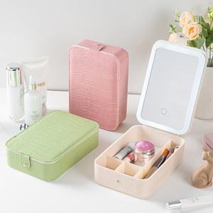 Cosmetic Storage <b>Box</b> With Mirror Led Light 14.5x21x5.5 Cm Leather Portable <b>Makeup</b> Organizer Beige Green Pink - Product Image 1