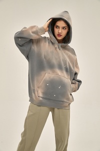 Sweat-shirt à capuche déformé rétro délavé trois couleurs neutres 360g avec logo personnalisé - Product Image 5