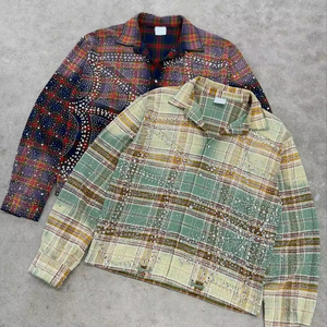 Camisas de Franela de Manga Larga para Hombre, Estilo Hip Hop, Cuello Mao, Diseño Desgastado, Corte Cuadrado, a Cuadros, Personalizadas, con Pedrería, del Fabricante - Product Image 1