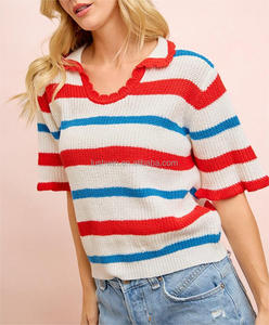 Camiseta de punto de manga corta a <span class=keywords><strong>rayas</strong></span> del 4 de julio para <span class=keywords><strong>mujer</strong></span>, roja, blanca <span class=keywords><strong>y</strong></span> <span class=keywords><strong>azul</strong></span>, patriótica, con cuello en V, estilo <span class=keywords><strong>polo</strong></span>, holgada, informal, para verano - Product Image 2