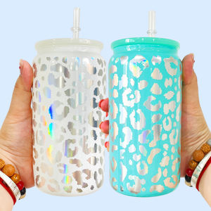 Decalcomania avvolgente in vinile bicchiere in vetro leopardato riciclabile da 16 once con coperchio e cannucce bicchieri per bere shinny con stampa leopardata ghepardo - Product Image 3