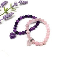 Bracelets en cristal naturel en gros, améthyste de 8 mm, avec des perles de cristal en forme de cœur, bracelet en matériaux mixtes pour femme, cadeau