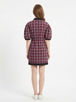 Robe mini haut de gamme pour femme, rouge à carreaux, à manches bouffantes, col chemise, ceinture à nouer, boutonnée, en mélange de coton, coupe ample, décontractée, style A-line, pour l'été