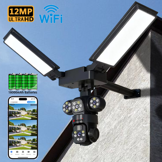 12MP Outdoor IP66 Solar WiFi Network Security Monitor PTZ 3 Lens P2P IP V380 Pro Home CCTV Camera