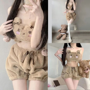 YuBon Cartoon-Bär Plüsch-Pyjama-Set BH Kürbis-Shorts Panty Winter Flauschig Gepolstertes Tube-Top Unterwäsche Anime Dessous-Sets für Mädchen - Product Image 5