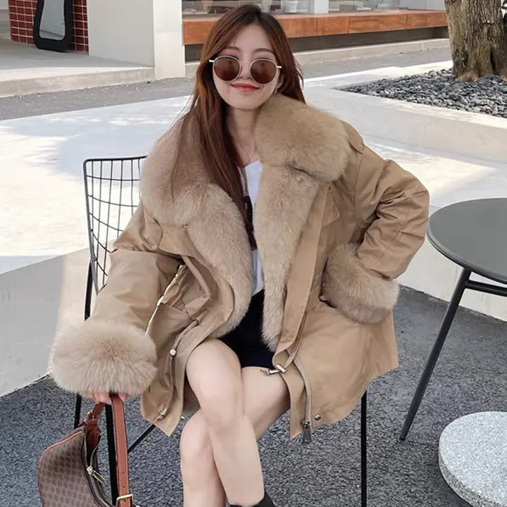 free shipping women Winter Natural Rabbit Fur Lined Fashion Coat Women's Fox Collar Jacket Real Fur Parka coat