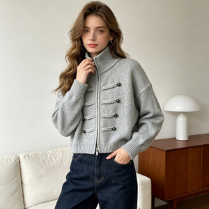 <span class=keywords><strong>Cardigan</strong></span> Corto da Donna con Collo Alto e Doppia Cerniera, Giacca in Maglia Casual, Maglione Corto, Cappotto Autunno Inverno, Maglieria, Top - Product Image 1