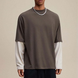 T-shirt à manches longues vintage pour homme, vêtement d'extérieur, faux deux pièces, coton, patchwork contrasté, streetwear, design vierge pour homme - Product Image 3