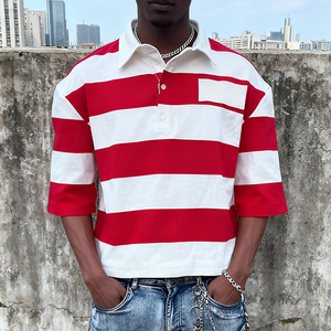 Polo T-shirt da Uomo Streetwear Rugby con Logo Personalizzato, 100% Cotone Pesante Lavorato <span class=keywords><strong>a</strong></span> Maglia, Vestibilità Ampia e Rilassata, Manica Corta <span class=keywords><strong>a</strong></span> <span class=keywords><strong>Righe</strong></span> - Product Image 3