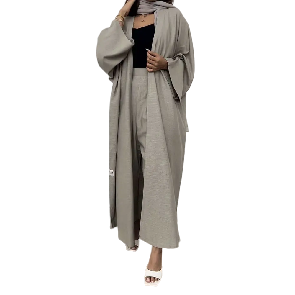 Vente en gros EID Ramadan Dubaï Tunique modeste robe unie grande pour femmes Abaya en coton et pantalon en lin Robe abaya ouverte pour femmes musulmanes