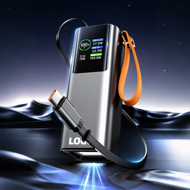 TFT Smart Screen 20000mah GaN Tech Portable Laptop Power Bank 100W Fast Charging Built-In Type-c Cable with Lanyard SOS Light