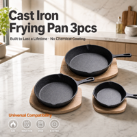 Ensemble de 3 poêles en fonte avec dessous de plat en bois, poêles empilables pour la cuisine, la cuisson, le service et l'utilisation sur la table, sans revêtement