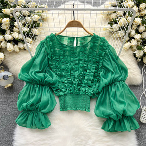 Hot-selling Trendy Últimas 4 Cores Sólidos Ruffle Detalhe Puff Manga Mulher Camisas Blusas Manga Longa - Product Image 4