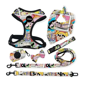 OEM diseñadores personalizados hebillas ajustables de malla de neopreno suave cómodo cinturón de seguridad Collar para mascotas conjunto de arnés y correa para perros