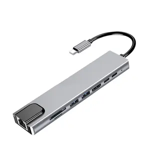 8×1 PD100M 3.0 USB HUB Rj45 قارئ بطاقات TF/SD لنقل الشبكة 1 نوع c USB hub عالي السرعة 8 منافذ نوع c