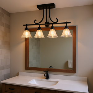 <b>Rustic</b> Modern Farmhouse 4-<b>Light</b> <b>Vanity</b> <b>Light</b> Walnut Iron Wall Mount LED Warm White <b>Bathroom</b> Mirror Lamp 27 Inch - Product Image 2