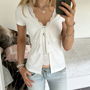 Camiseta Y2K Dulce para Mujer con Encaje y Lazo Delantero, Manga Corta, Estilo Casual y Delicado, Blusa de Moda para Dama, Venta al por Mayor - Product Image 2