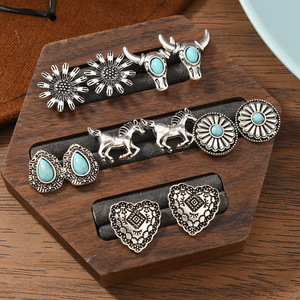 6 Pairs/Set Western Vintage Cowboy Style Bohemian Turquoise Stud Earrings Bull Head Horse <strong>Boots</strong> Alloy Ethnic Earrings <strong>Jewelry</strong> - Product Image 2