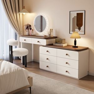 <span class=keywords><strong>Coiffeuse</strong></span> individuelle autoportante avec miroir LED rond éclairé Cream Wind, tabouret de rangement intégré, <span class=keywords><strong>en</strong></span> bois de mahogany massif, mobilier de chambre - Product Image 5