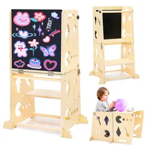 Ladder Folding Kid Kitchen Cabinet Step Stool Bathroom Learning Wooden Standing Tower For Toddlers With Chalkboard