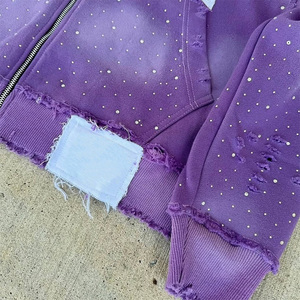 Custom Streetwear Rhinestone Pullover Hoody Jacket Print Oversized <b>French</b> Terry Heavyweight <b>Vintage</b> Acid Wash Distressed Hoodie - Product Image 5