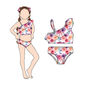 Toptan kızlar için pantolon ile 2 adet bir omuz fırfır <span class=keywords><strong>Bikini</strong></span> seti yaz aylarında bebek kız çocuk ve çocuklar yüzme - Product Image 4