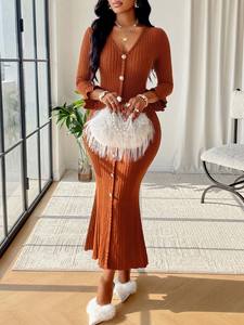 Abito da donna Sexy con scollo a V a maniche svasate abbottonatura <span class=keywords><strong>in</strong></span> <span class=keywords><strong>maglia</strong></span> abito sottile elegante maglione lungo taglia libera - Product Image 2