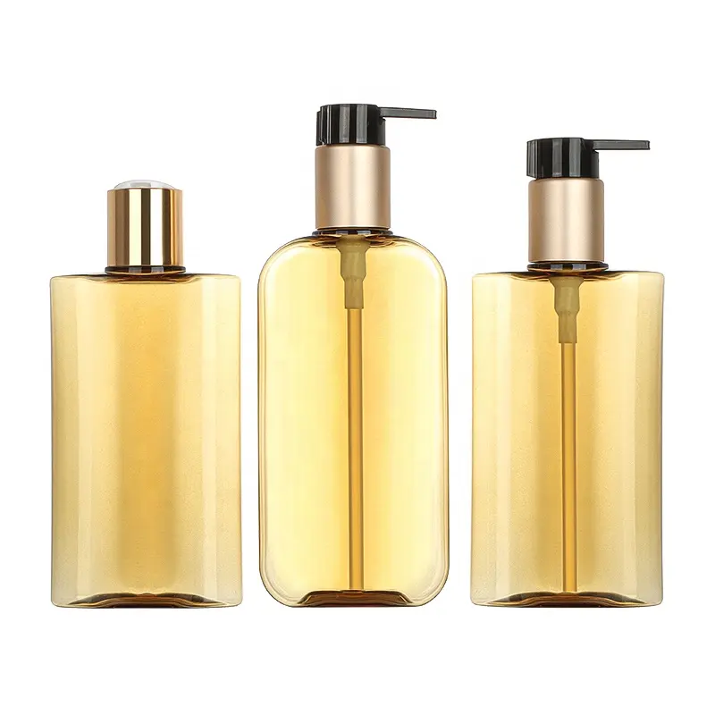 PETG יצרן ריק אמבר שיער שמן מיכל זהב 200ml 250ml 300ml שמפו יד סבון פלסטיק עגול יוקרה קוסמטי בקבוק