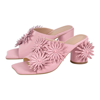 Sandal Wanita Model Mules Hak Blok Bunga, Ujung Persegi, Slip On, untuk Musim Panas