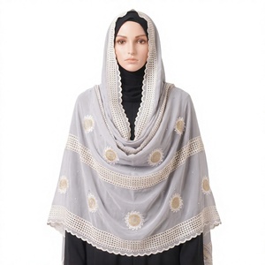 Écharpe légère et respirante en voile de coton pour femme, brodée de tournesols et de strass, avec dentelle ajourée, vente en gros, OEM ODM personnalisé - Product Image 2