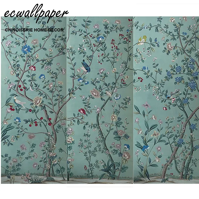 Luxury Chinoiserie Mural Hand Painted Wallpaper On Blue Tea Paper for bedroom
