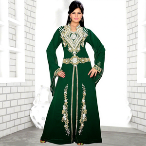Robe de soirée longue vert émeraude pour femme, en mousseline brodée de perles, coupe trapèze modeste, manches longues, taille naturelle, col en V, avec veste - Product Image 1