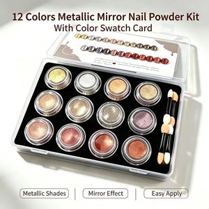 Kit de poudre à ongles effet miroir chromé métallique 12 couleurs, pigments bronze, or, argent avec nuancier et pinceaux applicateurs pour ongles - Product Image 4