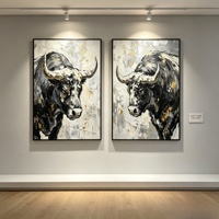Ensemble de peintures à l'huile à texture épaisse Black Bull, Décoration moderne sur toile double panneau avec feuille d'or et bison abstrait pour bureau et salon