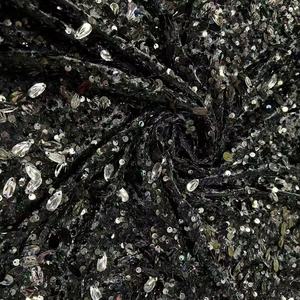 Tessuto di Velluto di Lusso con <span class=keywords><strong>Pizzo</strong></span> e Paillettes Ricamo 3D Ecologico Motivo Floreale Nero Stile Cinese per <span class=keywords><strong>Abito</strong></span> Cheongsam - Product Image 5