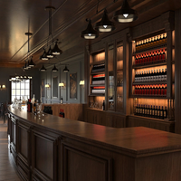 Comptoir de bar en bois massif sculpté en arc, style bois classique de luxe haut de gamme, avec cave à vin intégrée à température constante