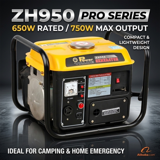 Power VALUE ZH950 Portable Gasoline Generator 650W/750W 2-Stroke Engine Recoil Starter 110-240V 50/60Hz Camping Home Emergency