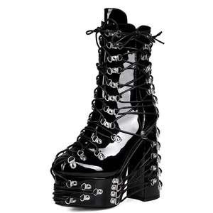 Botines de tacón alto y grueso con plataforma y cordones cruzados de charol para mujer, talla grande 47, con hebillas metálicas y ajuste ancho - Product Image 4