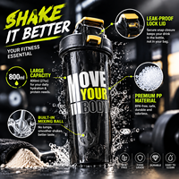 Bouteille d'eau de sport grande capacité 800 ml avec shaker, sans BPA, bec en silicone, poignée dissimulée, marques graduées, logo personnalisé, vente en gros OEM