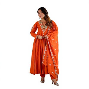 Élégante Robe Anarkali Trois Pièces Longue Broderie Romaine à Sequins, Sans Plis, Extensible, Séchage Rapide, Collection Coucher de Soleil - Product Image 1
