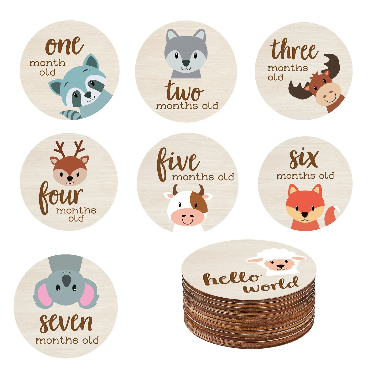 13 pcs Animal Hello World Milestone Cards Poplar Plywood Baby Birth Monthly Sets Wooden Cards Milestone Discs