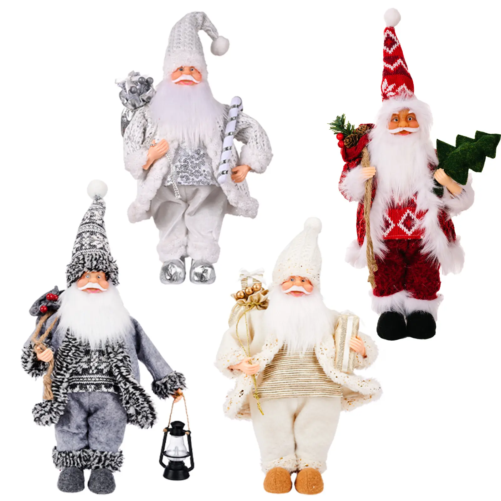 Christmas Ornament Standing LED Light Christmas Resin Santa Claus With Gift Bag Crutch Plush Doll Christmas Tabletop Decorations