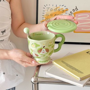 Practical <b>Ceramic</b> Cute Cartoon Couple's <b>Mug</b> with Lid and Spoon for Household Breakfast Coffee & Milk for Parties - Product Image 2