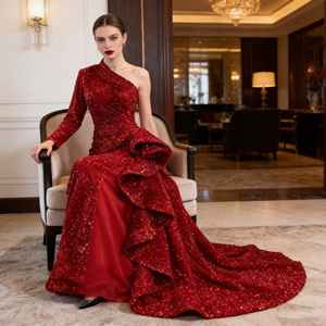 Robes <span class=keywords><strong>de</strong></span> <span class=keywords><strong>soirée</strong></span> sirène à sequins rouge asymétriques pour femmes, idéales pour les mariages classiques - Product Image 5