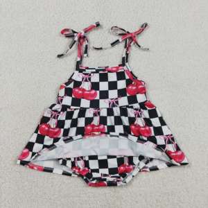 Combinaison sans manches pour bébé fille, motif à carreaux noir et blanc, imprimé cerise, vente en gros, SR3854 RTS - Product Image 2