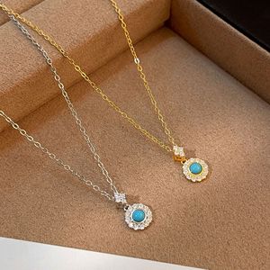 Collier pendentif en argent sterling S925 avec halo de turquoise et zircon, bijoux délicats minimalistes tendance, cadeau pour femmes et filles, à porter au quotidien - Product Image 4