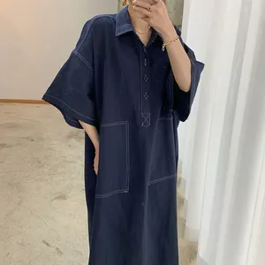 Wholesale 2022 Spring New Fashion Retro Classic Polo Collar Open <strong>Line</strong> <strong>Design</strong> Straight Loose Five-point Sleeve Denim Women Dress - Product Image 1